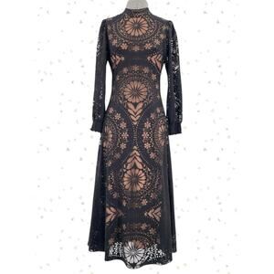 Farm Rio Black Beige Open Back Floral Midi Dress Long Sleeve High Neck Size XSP